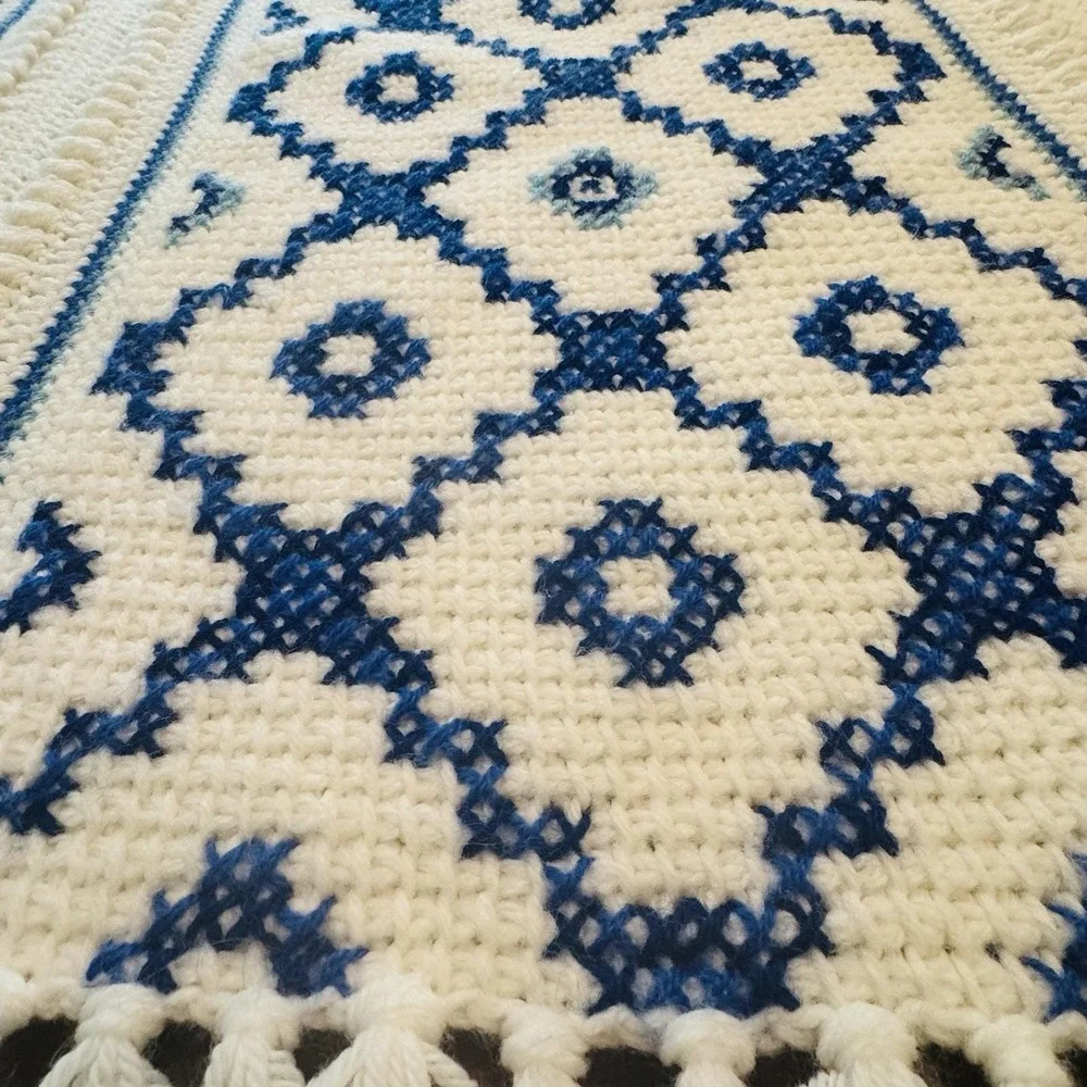 Vintage Handmade Crochet Afghan Throw & Matching Pillow Blue White Charleston